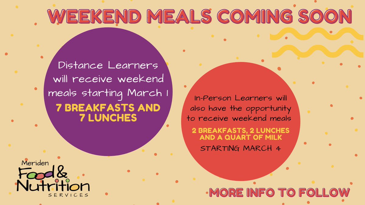meridenpsmeals's tweet image. ⭐️ Exciting news! We will be offering distance learners and non-distance learners free weekend meals starting in March.

@mysnact @MeridenK12 @schoollunch @cityofmeriden @meridenymca @meriden_ct #weekendmeals #comingsoon #weekendmealsct #timetotryschoolmeals #schoolmealsct