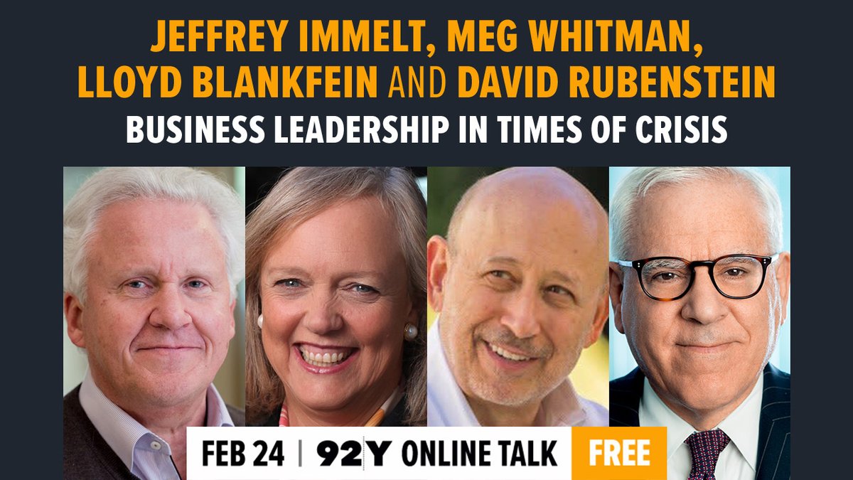 The 92nd Street Y, New York (@92ndstreety) on Twitter photo Business leaders <a href="/JeffImmelt/">Jeff Immelt</a>, <a href="/MegWhitman/">Meg_Whitman</a> and <a href="/lloydblankfein/">Lloyd Blankfein</a> take to our virtual stage talking with David M. Rubenstein about leadership and the American business landscape and Immelt’s new memoir HOT SEAT. The event is free – register here 92y.org/event/business… Business leaders <a href="/JeffImmelt/">Jeff Immelt</a>, <a href="/MegWhitman/">Meg_Whitman</a> and <a href="/lloydblankfein/">Lloyd Blankfein</a> take to our virtual stage talking with David M. Rubenstein about leadership and the American business landscape and Immelt’s new memoir HOT SEAT. The event is free – register here 92y.org/event/business…