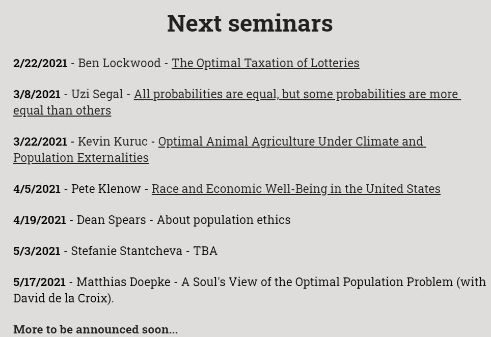 Normative Economics and Economic Policy (@welfareeconomic) on Twitter photo Monday 22nd at 1pm EST (19:00 Paris time), <a href="/bblockwood/">Benjamin Lockwood</a> will present "The Optimal Taxation of Lotteries: Who P(l)ays and Who Wins?" joint with Hunt Allcott and <a href="/DTaubinsky/">Dmitry Taubinsky</a>.
Register to the seminar mailing list here: sites.google.com/view/welfareee… Monday 22nd at 1pm EST (19:00 Paris time), <a href="/bblockwood/">Benjamin Lockwood</a> will present "The Optimal Taxation of Lotteries: Who P(l)ays and Who Wins?" joint with Hunt Allcott and <a href="/DTaubinsky/">Dmitry Taubinsky</a>.
Register to the seminar mailing list here: sites.google.com/view/welfareee…