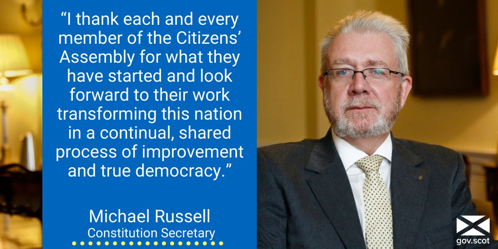 Constitution Secretary Michael Russell has praised the outstanding work of members of the <a href="/CitAssemblyScot/">Citizens' Assembly of Scotland</a>. MSPs are discussing the assembly’s final report during an <a href="/ScotParl/">Scottish Parliament</a> debate.

Read the assembly report ➡️ bit.ly/3qyK9tc