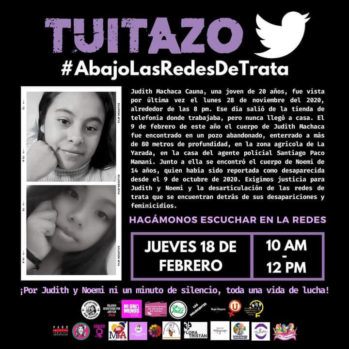 parocolectiva's tweet photo. Nos sumamos al tuitazo por justicia para Judith Machaca (20 años) y Noemi (14 años), víctimas de feminicidio cuyos principales sospechosos son agentes policiales involucrados en redes de trata. ¡Las mujeres no se tocan, no se matan!
#AbajoLasRedesDeTrata #JusticiaParaJudithyNoemi https://t.co/3nYIOnjwGA