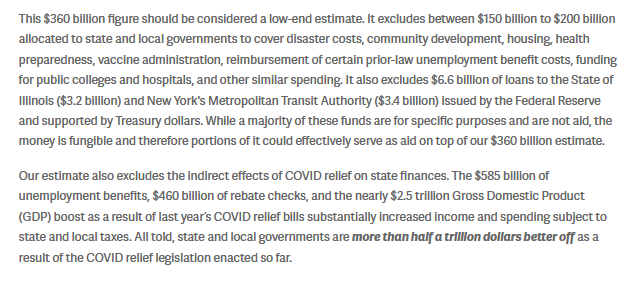 5)  http://COVIDMoneyTracker.org&nbsp; takes a relative narrow view of what is considered State and Local Aid. In reality, states and localities are/will be at least half a trillion better off as a result of COVID relief. That's one reason *total* state/local receipts are way up!6/