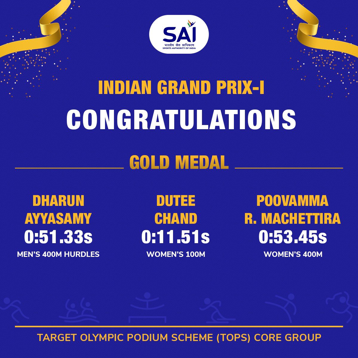 Media_SAI's tweet photo. Congratulations @DuteeChand #Dharun @mrpoovamma on winning gold medals on day 1 of Indian Grand Prix-I being held in NIS, Patiala #TOPSAthlete core group https://t.co/tuF5VDGtKc