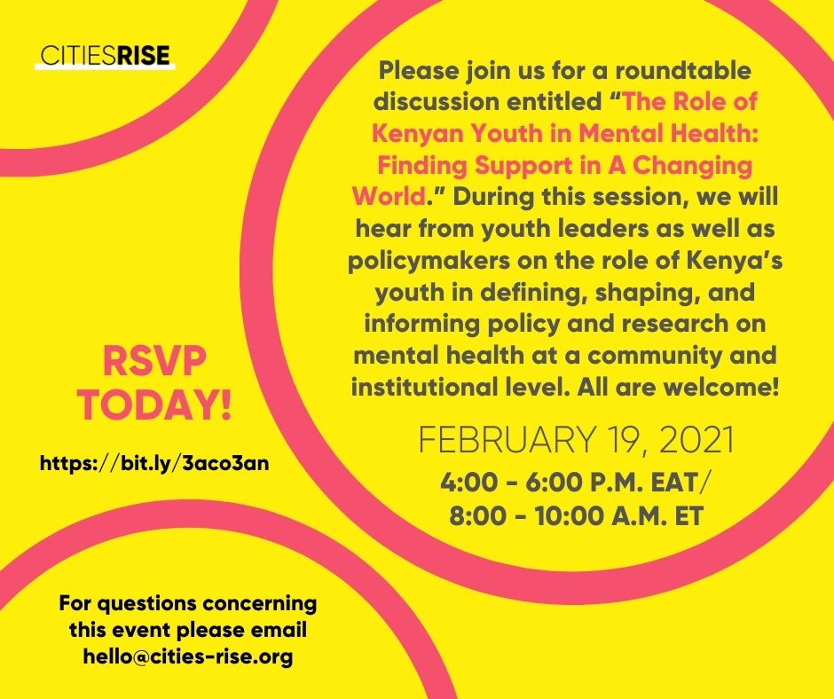 NZUMARI AFRICA (@nzumariafrica) on Twitter photo You are all invited to a roundtable discussion on the role of Kenyan Youth in Mental Health: Finding Support in a Champion world! This will take place tomorrow between 4 to 6pm!
Make sure to register & RSVP via the link below! See you there
eventbrite.com/e/the-role-of-…
<a href="/citiesRISE/">citiesRISE</a> You are all invited to a roundtable discussion on the role of Kenyan Youth in Mental Health: Finding Support in a Champion world! This will take place tomorrow between 4 to 6pm!
Make sure to register & RSVP via the link below! See you there
eventbrite.com/e/the-role-of-…
<a href="/citiesRISE/">citiesRISE</a>
