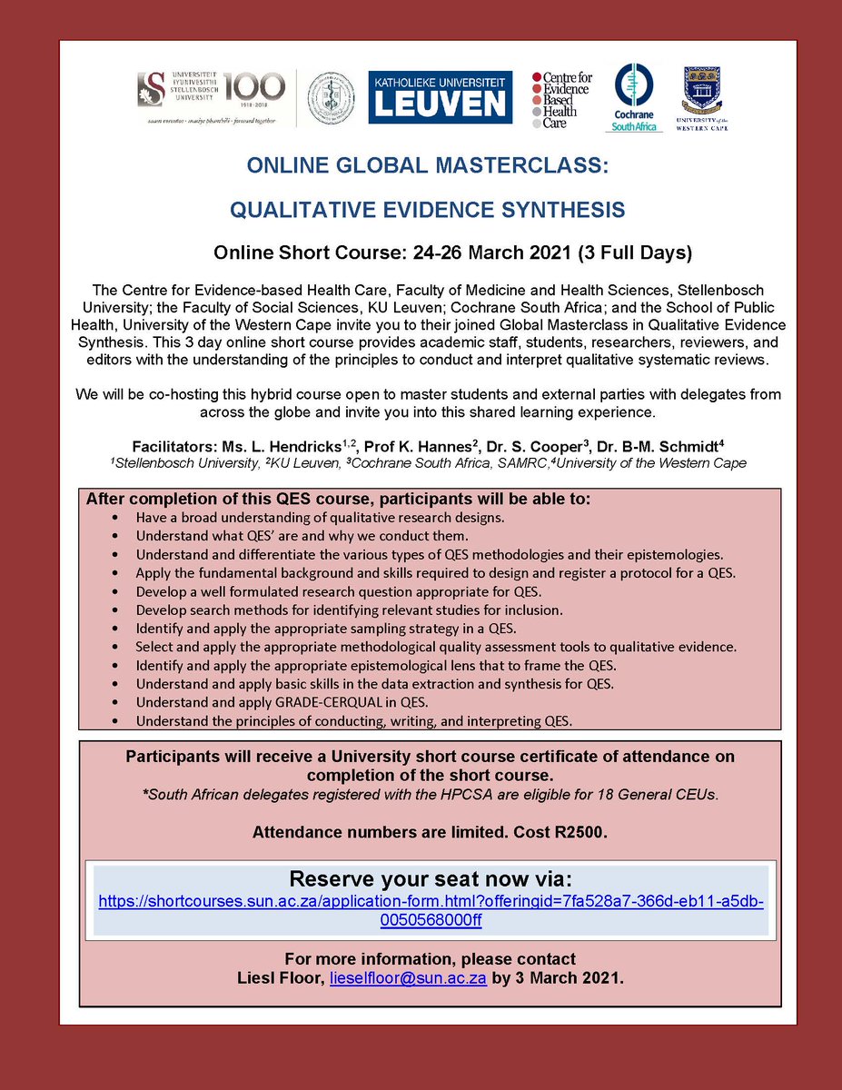 CEBHC (@cebhc) on Twitter photo We are pleased to announce our Global Masterclass in #QES Register by 3 March '21 shortcourses.sun.ac.za/application-fo…
Please share the news in the QES community! @campbellreviews <a href="/CochraneQual/">Cochrane QIMG</a> <a href="/CochraneEPOC/">Cochrane EPOC</a> @thesimonlewin <a href="/AndrewB007h/">Andrew Booth</a> <a href="/profsandyoliver/">Sandy Oliver</a> <a href="/PaulGarnerWoof/">Paul Garner</a> <a href="/JBIEBHC/">JBI</a> <a href="/Students4BE/">Students4BE</a> We are pleased to announce our Global Masterclass in #QES Register by 3 March '21 shortcourses.sun.ac.za/application-fo…
Please share the news in the QES community! @campbellreviews <a href="/CochraneQual/">Cochrane QIMG</a> <a href="/CochraneEPOC/">Cochrane EPOC</a> @thesimonlewin <a href="/AndrewB007h/">Andrew Booth</a> <a href="/profsandyoliver/">Sandy Oliver</a> <a href="/PaulGarnerWoof/">Paul Garner</a> <a href="/JBIEBHC/">JBI</a> <a href="/Students4BE/">Students4BE</a>