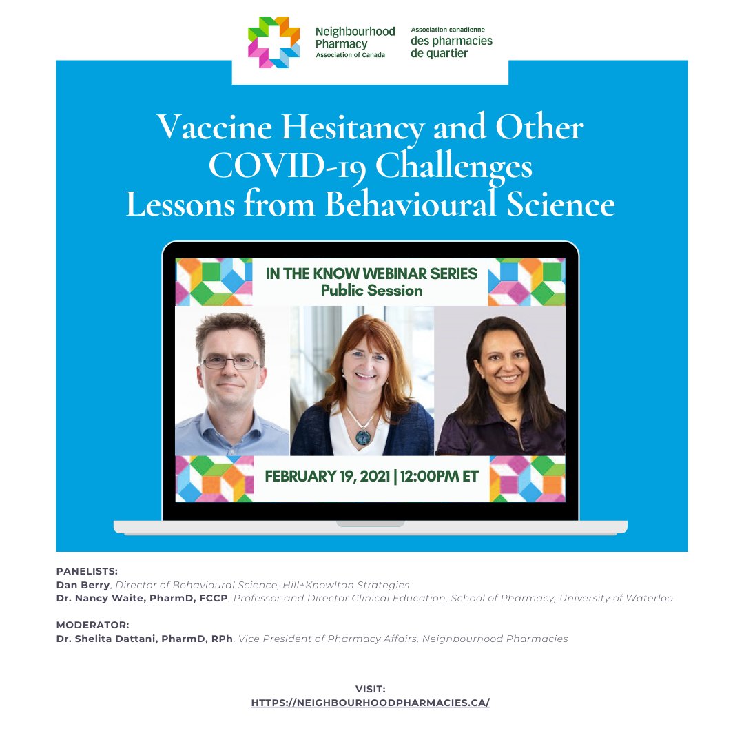 pharmacy_CAN's tweet photo. Register today, learn while you lunch tomorrow! Join us at 12:00 ET tomorrow - Fri Feb 19 - for a public webinar exploring the challenges of COVID-19 through the fascinating lens of behavioural science. Register now at https://t.co/r0cP1O45TB #vaccinehesitancy #moveablemiddle https://t.co/e4UWWi2eJD