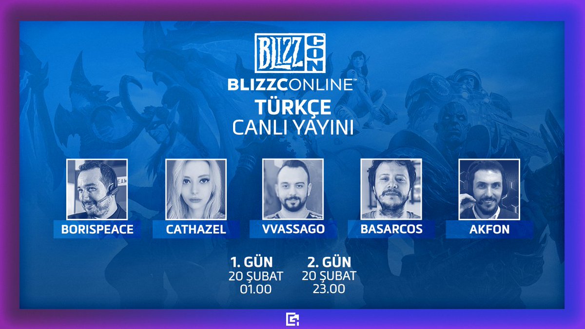 BlizzConline'da BorisPeace, Cathazel, <a href="/vvssgo/">Vvassago</a>, <a href="/basarcosghost/">Başar Coşkunoğlu</a> ve <a href="/AkfonTV/">Akfon</a> ile WoW, Diablo, Overwatch, Hearthstone, StarCraft, Warcraft, Heroes of the Storm hakkındaki tüm gelişmeleri Türkçe sunuyoruz!

20 Şubat 01.00’da başlıyoruz: twitch.tv/gamifytr

#blizzcon #blizzconline