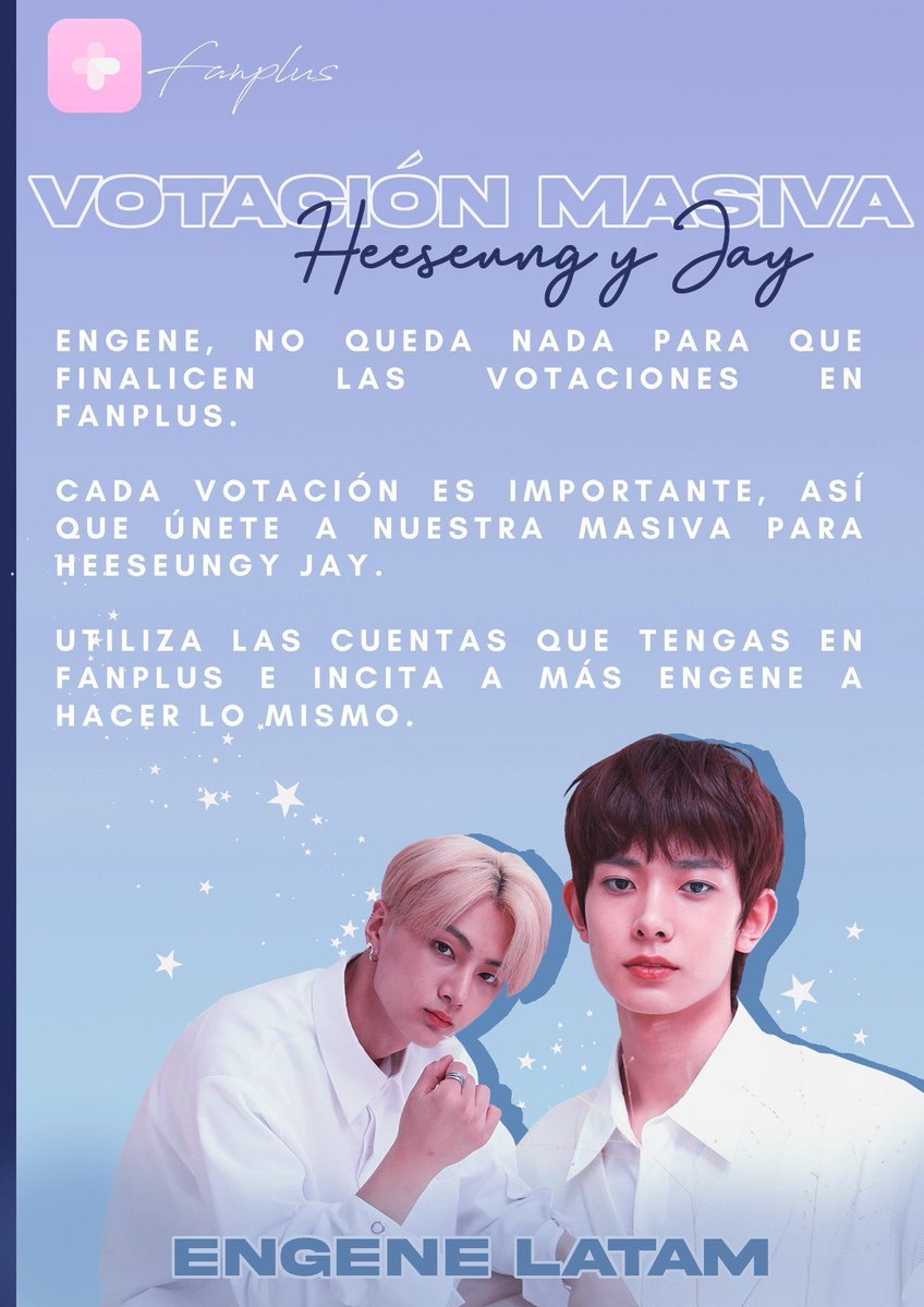 retrosunwon's tweet photo. se organizó una VM para jay y hee en fanplus difundan y únanse ya saben si necesitan ayuda para ganar más votos me hablan al dm inciten a que más engenes voten tenemos pocos días 

@ENHYPEN_members @ENHYPEN https://t.co/kXqya5gZNm