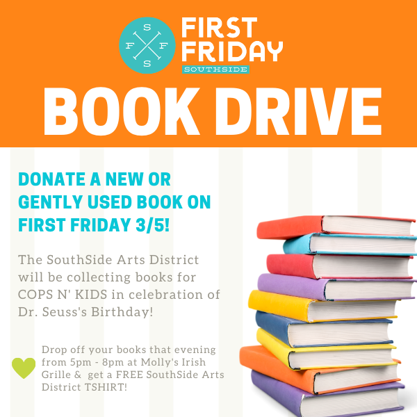 arts_southside's tweet photo. Donate a new or gently used book on First Friday 3/5 &amp; receive a FREE SSAD Tshirt! Drop off your books at @mollysbethlehem from 5pm - 8pm!
#southsidefirstfriday #FirstFridaySouthSide #southsideartsdistrict #CopsNKidsLehighValley  @VisitBethlehem @Bethlehem_CED  @LehighinTown https://t.co/SjbLCbJNzW