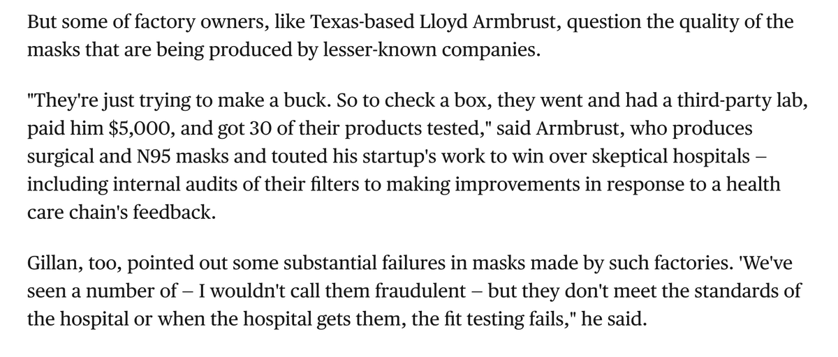 2/ Also, US hospitals don't want to buy  #KN95 designed masks, or others that may have low standards, even if they have NIOSH approval.