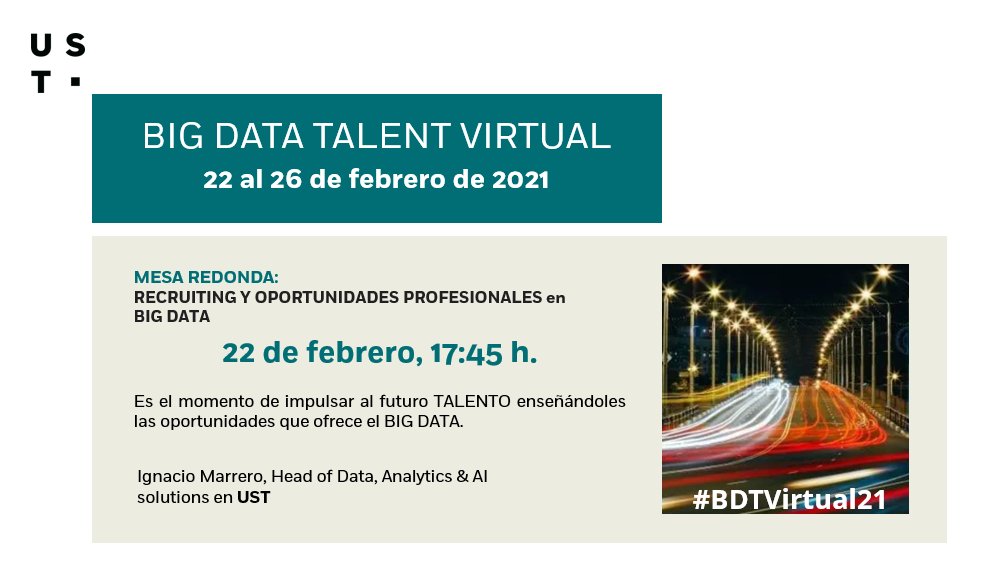 ¡El próximo 22 de febrero estás invitado al #BDTVirtual21!

Nuestro experto Ignacio Marrero, Head of Data, Analytics &amp; AI solutions, nos dará su visión sobre qué oportunidades hay en este momento en el mundo del #BigData.

Toda la info 👉🏻bit.ly/3bflOCl 
<a href="/ENIIT_/">ENIIT</a>