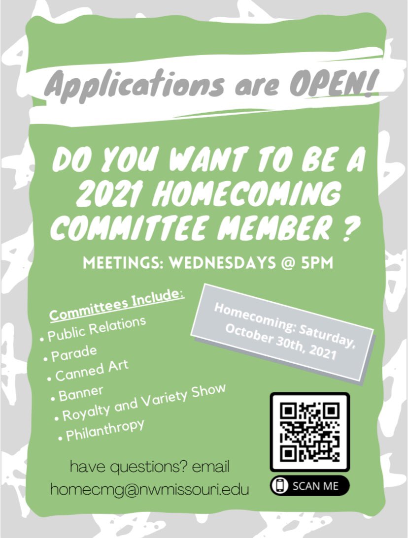 NWHomecoming's tweet photo. happy Thursday !!! just a ~reminder~ that committee member applications are OPEN — they close MARCH 3RD @ 4PM !! apply apply apply (:

•questions = email homecmg@nwmissouri.edu
•meetings = @ 5pm every wednesday
•link = in our bio https://t.co/7ks1WwiQUL