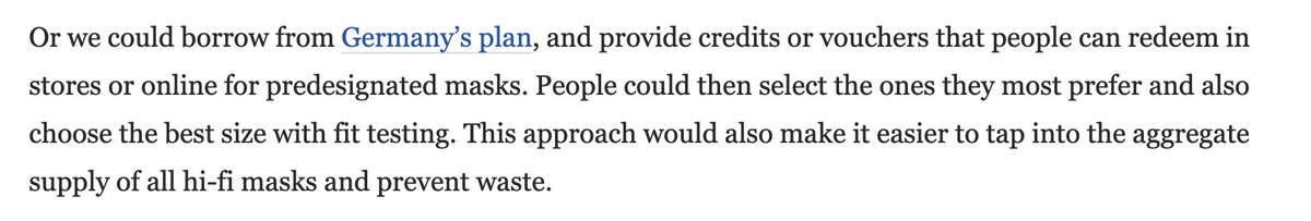4/ I really like this from  @AbraarKaran in a recent  @washingtonpost OpEd where the Gov could give "vouchers that people can redeem online [...] People could select the [masks] they most prefer [with] the best size [and] fit" https://wapo.st/3dtBrJ9&nbsp;