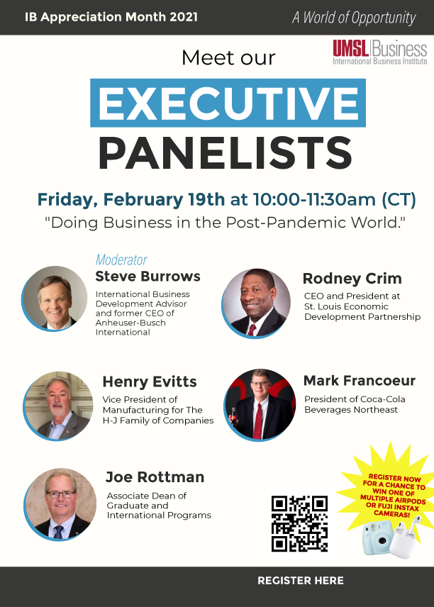UMSL_IBCC's tweet photo. Executive Panel part 2 is coming up this Friday! Our panelists will discuss the topic of “Doing Business in the Post-Pandemic World”. Don’t wait! Register now! 
And remember, you still have a chance to win one of many AirPods or Fuji Instax cameras! https://t.co/Xv1rkGTrVp