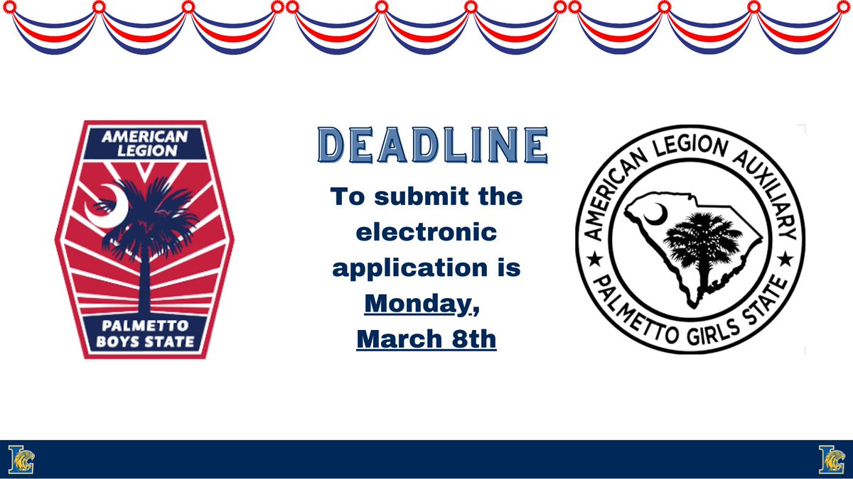 LHSWildcatsLex1's tweet photo. 💛💙JUNIORS💙💛
Applications are now open for the American Legion and American Legion Auxiliary Palmetto BOYS State &amp; Palmetto GIRLS State.  
🔗Girls https://t.co/LiPQwj060w
🔗Boys https://t.co/5dhewtwZTa
❗️DEADLINE to submit is Monday, March 8th❗️
#hailtothee2021 @rtpool https://t.co/RZbCBbf3WA