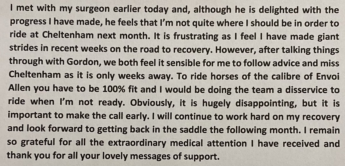 BillEsdaile's tweet photo. Just spoke to ⁦@_Davy_Russel_⁩ who has asked me to put out the following statement sadly confirming that he will miss next month's ⁦@CheltenhamRaces⁩ Festival https://t.co/KwMck24VjB