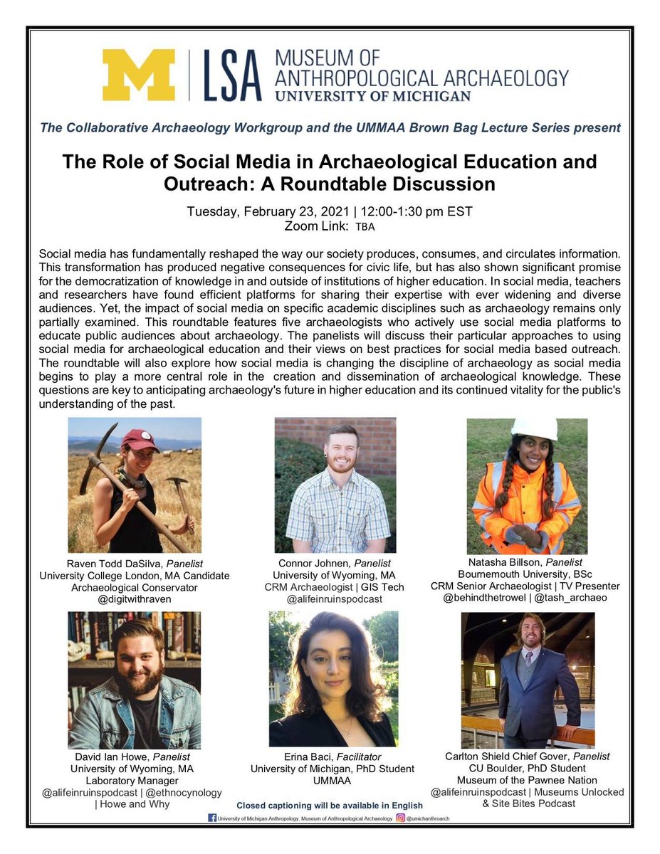 Check it out! 'The Role of Social Media in Archaeological Education and Outreach' with @digitwithraven, @alifeinruinspod, @Tash_Archaeo, and more. Coming up on Tuesday, February 23rd! #archaeology #pubarch