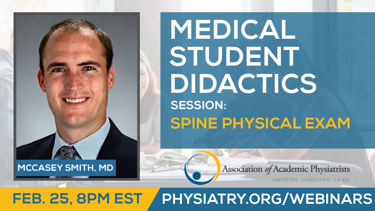 AAP Medical Student Council PM&R (@aaphysiatry_msc) on Twitter photo Join us! Don’t miss our upcoming didactic session “Spine Physical Exam” next Thursday, Feb 25th 8 at PM EST.
Led by <a href="/McCaseySmithMD/">McCasey Smith, MD MS</a> from <a href="/KU_PMR/">KU PM&R</a>!
📲💻👉physiatry.org/webinars
We hope to see you there! #physiatry #MedStudentTwitter
<a href="/AAPhysiatrists/">Assoc. of Academic Physiatrists (AAP)</a>
<a href="/AAPhysiatry_RFC/">AAP Resident Fellow Council PM&R</a> Join us! Don’t miss our upcoming didactic session “Spine Physical Exam” next Thursday, Feb 25th 8 at PM EST.
Led by <a href="/McCaseySmithMD/">McCasey Smith, MD MS</a> from <a href="/KU_PMR/">KU PM&R</a>!
📲💻👉physiatry.org/webinars
We hope to see you there! #physiatry #MedStudentTwitter
<a href="/AAPhysiatrists/">Assoc. of Academic Physiatrists (AAP)</a>
<a href="/AAPhysiatry_RFC/">AAP Resident Fellow Council PM&R</a>