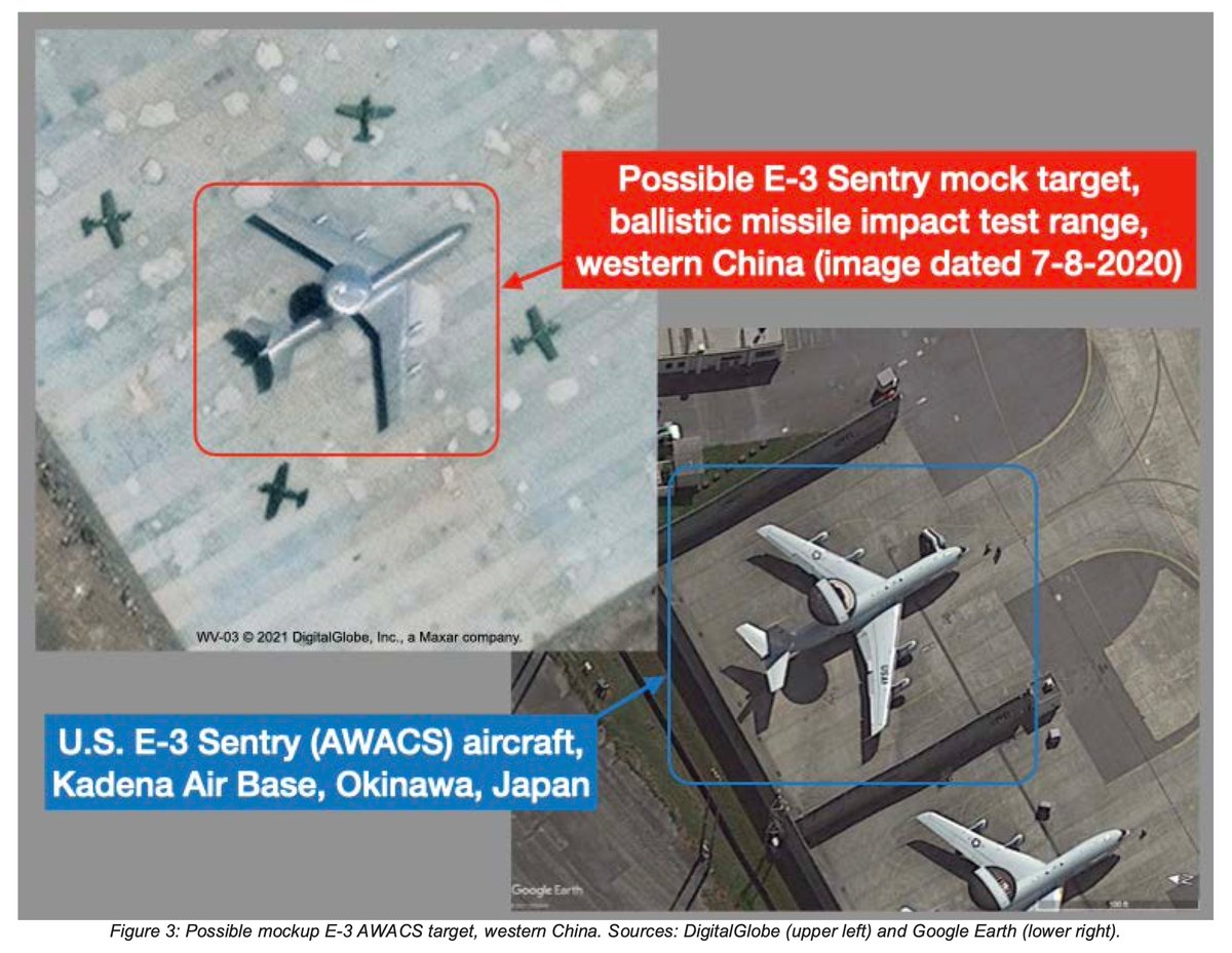This previously-unpublished image, from the missile impact range in western China, shows what appears to be a mock target specifically designed to imitate a parked E-3 Sentry airborne early warning and control aircraft (AWACS).