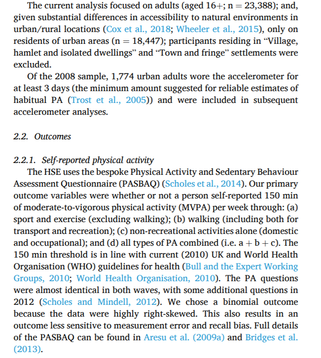 The study is based on surveys of about 18,000 respondents, of which about 10% also took part in a follow-up study where they wore a pedometer. The sample was limited to urban residents, since rural folks have consistently excellent access to green space.