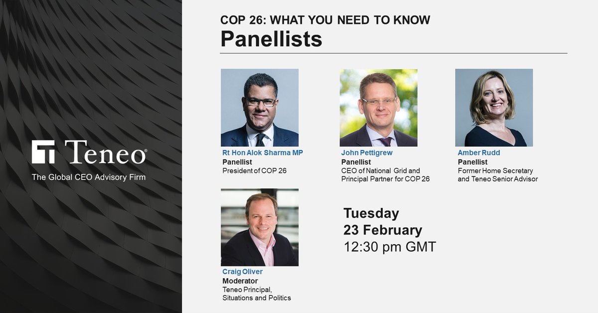 Please join @AlokSharma_RDG, John Pettigrew and @AmberRuddUK, on Tuesday, February 23, at 12:30pm GMT for an important discussion on how businesses should prepare for the upcoming UN Climate Change Conference (COP 26) later this year. Register here: https://t.co/deWUlloYg2 https://t.co/k7Oq1WSQon