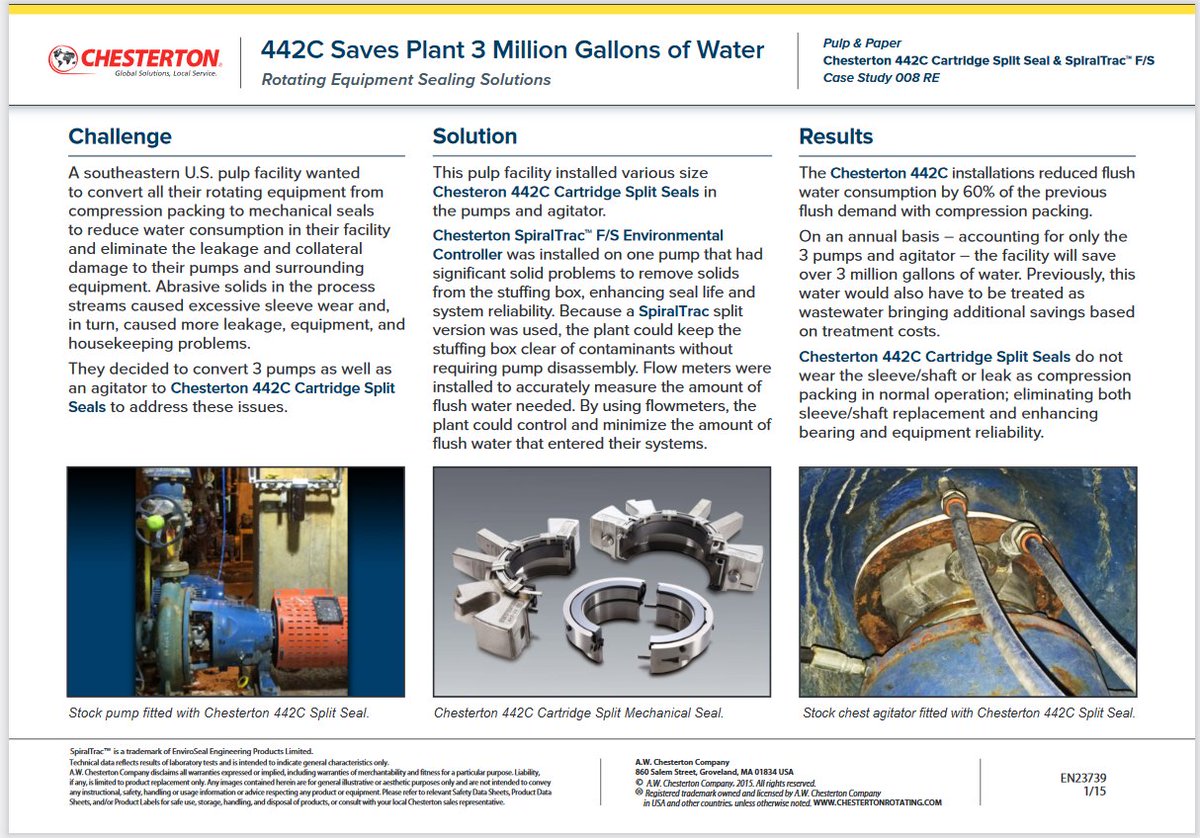 AWChesterton's tweet photo. Read how using this dynamic combination (442C Split Mechanical Seal with SpiralTrac) saved a pulp facility over 3 million gallons of water a year!
https://t.co/1SNhixEXx9 #splitseals #savewater #pulpandpaper #spiraltrac https://t.co/pQhpawEmOF