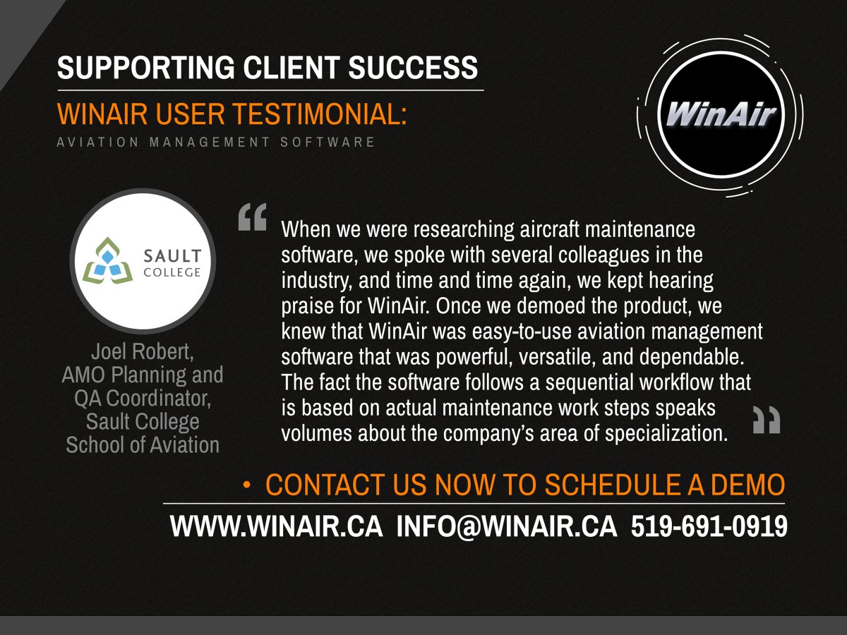 WinAir_Software's tweet image. For over three decades, businesses have praised #WinAir for providing ease-of-use #AviationManagementSoftware that follows actual #AircraftMaintenance work steps—#Read what @SaultCollege School of #Aviation says about WinAir and book a demo today: winair.ca/implementation… #AvGeek