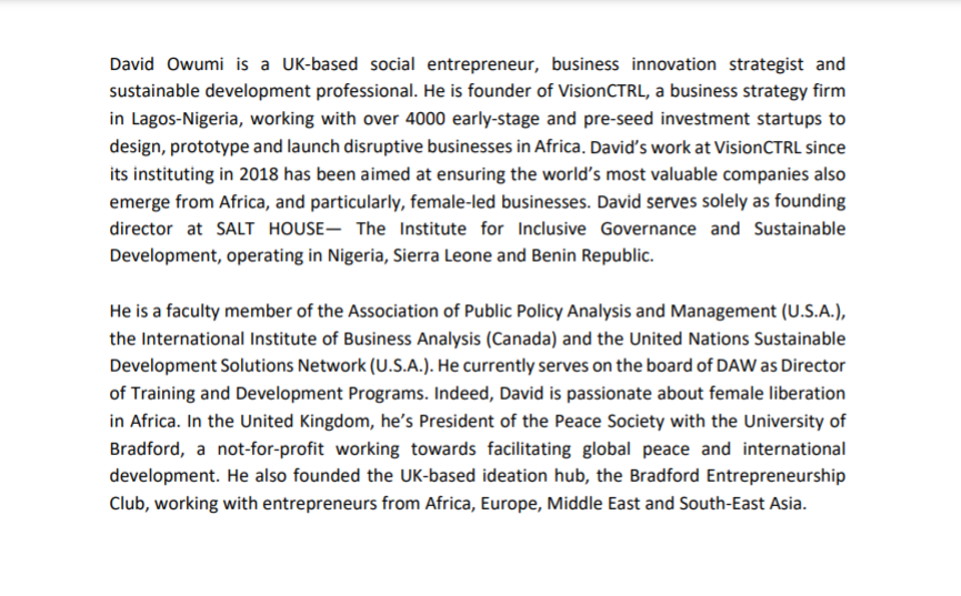 Meet our trainer David Owumi!
David Owumi is a UK-based social entrepreneur and founder of VisionCTRL. 
Don't miss out on your chance to grow and learn with David at the DAW Virtual Training Feb 20th - 21st! 
#womenintech #DAW2021 #womenempoweringwomen
#training  #womeninbusiness