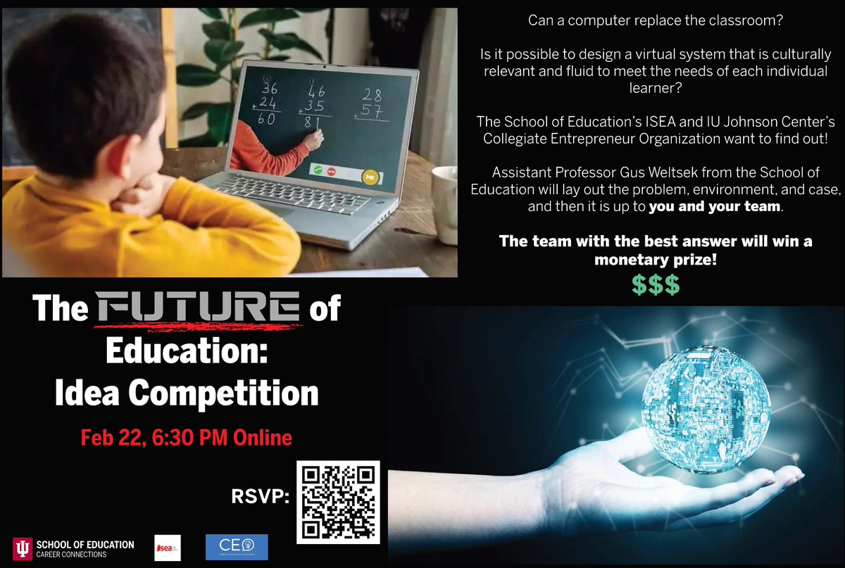 The Future of Education: Idea Competition is this Monday at 6:30pm! The best idea wins a monetary prize! Not too late to sign up indiana.joinhandshake.com/events/686238