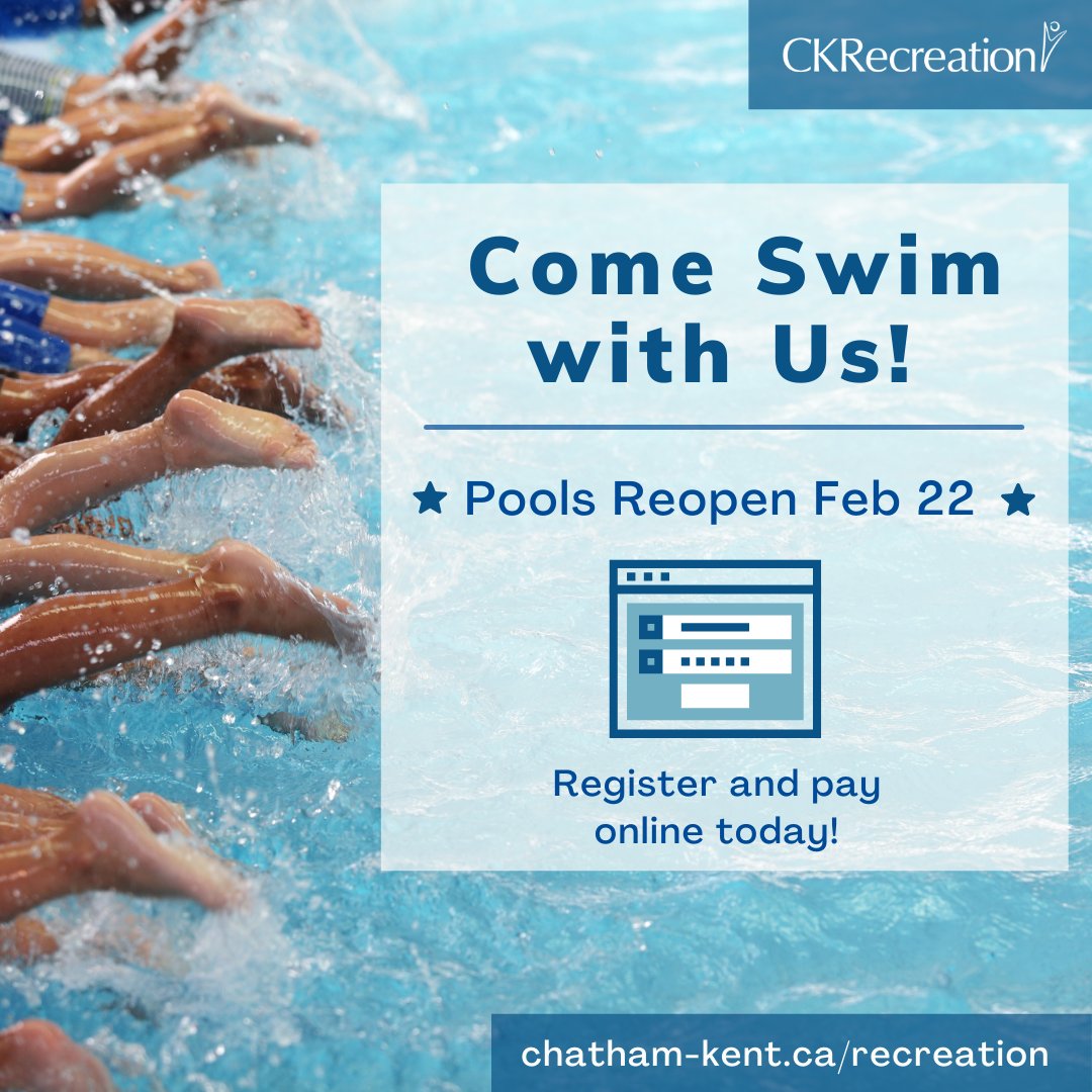🏊 Come Swim with Us! 🏊‍♀️ Gable Rees Rotary Pool and Wallaceburg Sydenham District Pool are scheduled to reopen on Monday February 22, 2021. Register online bit.ly/CKRecPools or by calling 519-360-1998. We can't wait to see you back in the pool!