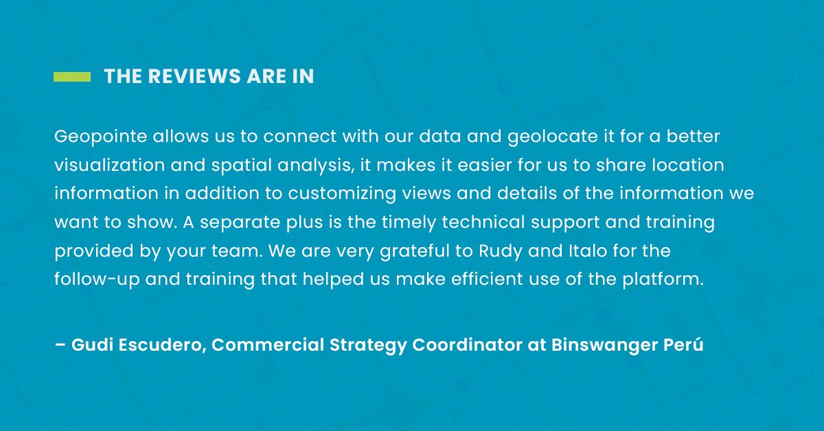 geopointe's tweet image. Geopointe makes your current processes easier and helps you visualize your data to gain new information. Our training and support is just an extra bonus!

Check out more reviews like Gudi&apos;s on Salesforce AppExchange: sforce.co/3jzGr03

#appyness #mappingmadesimple