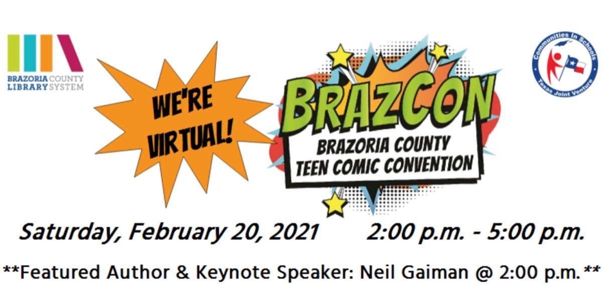 Alief_Libraries's tweet photo. #BrazCon is this Saturday 2/20. You don't want to miss this exciting virtual event. @neilhimself is the Keynote speaker! Register today! https://t.co/bQCXKKhxU5 @AliefISD @AliefTech #OneAlief https://t.co/bKycrjJLPH