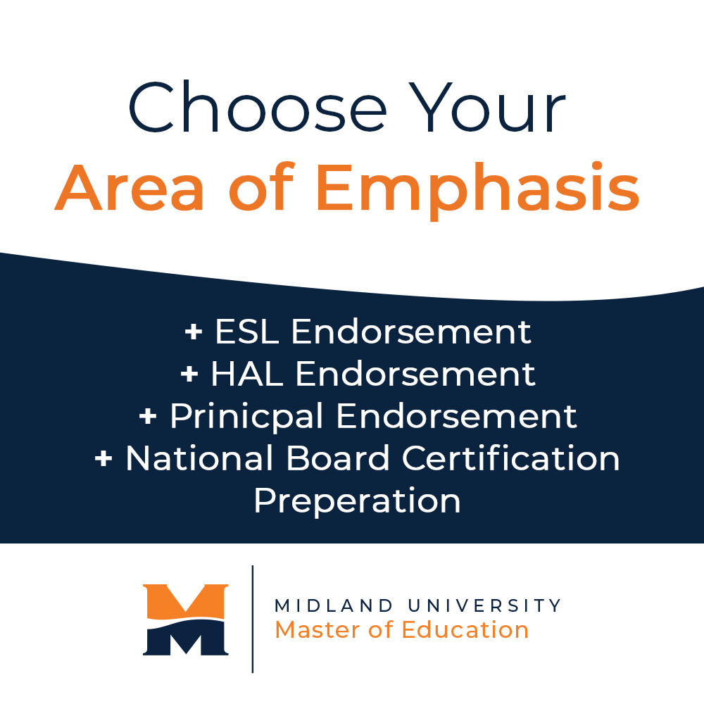 midlandcgps's tweet photo. Midland's Master of Education program offers our students the flexibility to choose which area of emphasis best fits their professional career path.  You can learn more about this master's program and the 4 areas of emphasis here https://t.co/OIVHAzRioV

#MidlandMEd #MidlandU https://t.co/sBwdbTpCiA