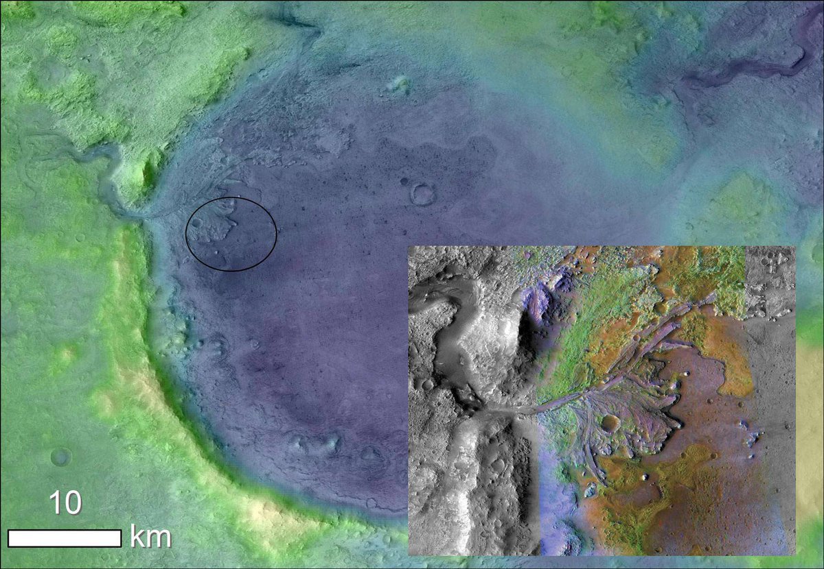 9/ Plus, I mean, LOOK at it. That's a sediment delta to the upper left, where incoming water deposited silt into the lake bed. It's one of the best places to look for ancient life on Mars. The rover will land somewhere inside that ellipse.