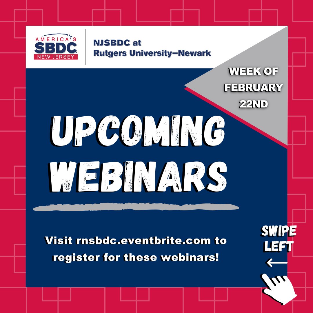 rnsbdc's tweet image. 📣Rutgers Newark SBDC&apos;s upcoming webinars from the week of February 22nd📣 ‼️Register at bit.ly/RNSBDC-Eventbr…
.
#sbdc #rnsbdc #smallbusinesscourse #covid19courses #njsbdc #smallbiz #smallbusinesssupport #smallbizsupport #businesswebinar #eebinars #zoom