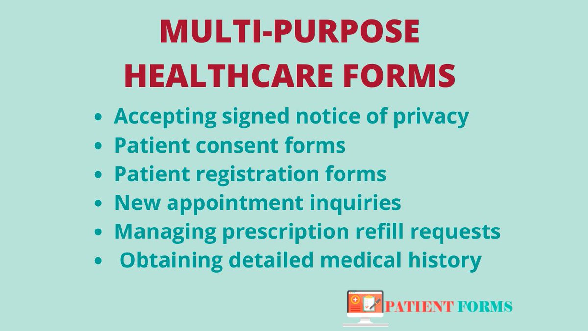 WebPatientForms's tweet image. Our Forms Include,
• Accepting signed notice of privacy
• Patient consent forms
• Patient registration forms
• New appointment inquiries
• Managing prescription refill requests
• Obtaining detailed medical history
#onlineforms #webforms #patientforms #HIPAAcompliance