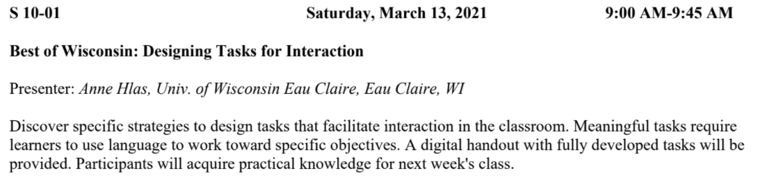 Anne Hlas will represent <a href="/WAFLTwi/">WAFLT</a> with her "Best of Wisconsin" session: "Designing Tasks for Interaction" on Saturday, March 13th. Register now at csctfl.org. #CSCTFL21