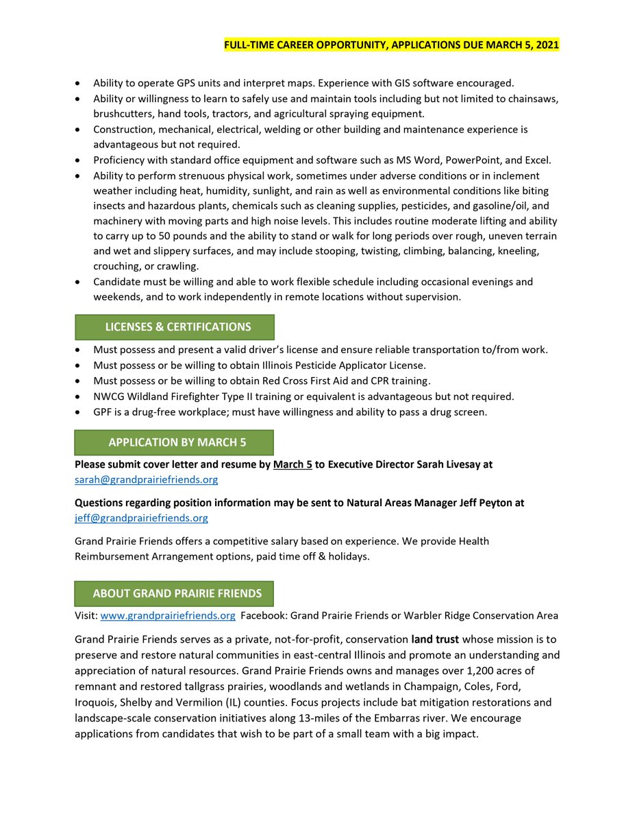 Grand Prairie Friends is offering an internship position and a full time Natural Area Technician position. These are excellent experience opportunities for anyone interested in conservation ecology. 
For more information, see the attached flyers or visit grandprairiefriends.org.