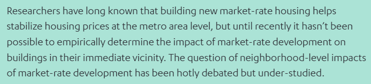 It's very well-established that building more housing helps with affordability at the metro level, but it's been an open question about whether this was true at the neighborhood or block level.