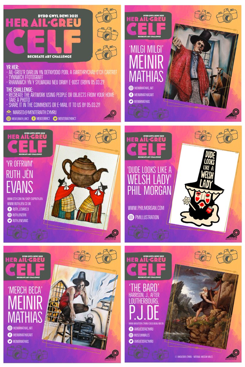 MenterIaithRhCT's tweet photo. ***CYSTADLEUAETH DYDD GŴYL DEWI*** Fedrwch chi ail-greu y darnau celf ffantastig yma o Gymru? Cyfle i ennill gwobrau arbennig. Ewch amdani!

***ST DAVID'S DAY COMPETITION*** Can you re-create these fantastic artworks from Wales? Special prizes to be won. Go for it! https://t.co/t35R7L3YtP