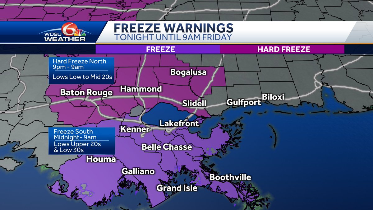 KweilynMurphyTV's tweet photo. Hard Freeze &amp; Freeze Warnings officially issued for the @wdsu viewing area. North: Protect people, pets, plants, pipes. South: Protect people, pets, plants. If your pipes are already wrapped, keep them wrapped. Temps will drop to freezing and below, again, Friday night.@wdsu https://t.co/lZ7ydhw1ku