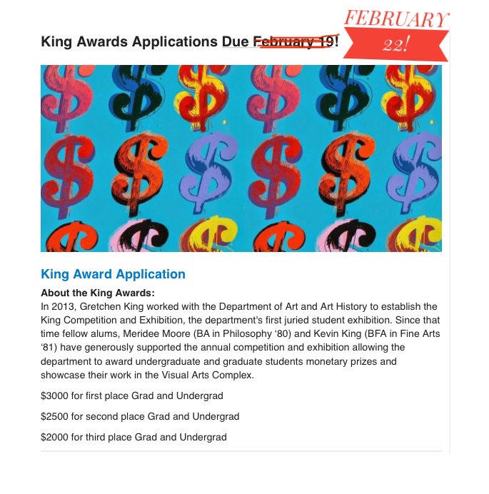 CUBoulder_AAH's tweet photo. Current student in Art &amp; Art History? Apply to the King Awards! Generous awards given to Grads and Undergrads based on merit. Deadline extended applications due 2/22! https://t.co/JGRFLpRPyV