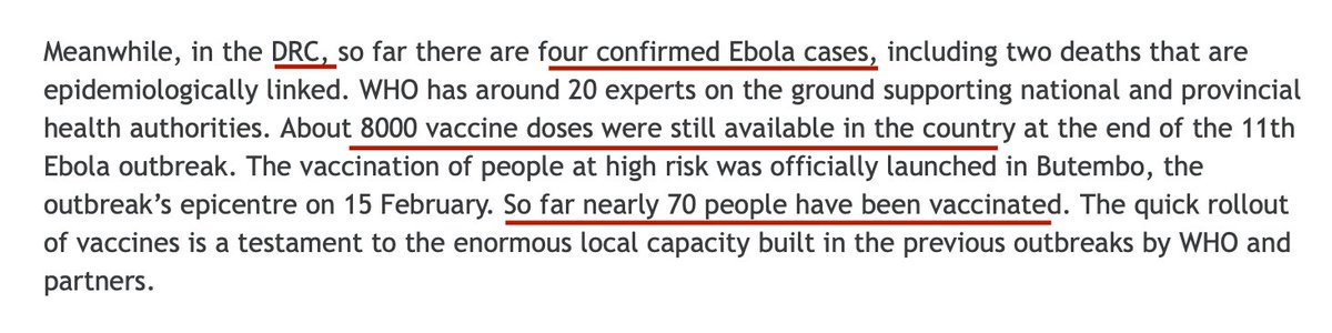 4. I hope I'm not being naïve, but I'm heartened by the fact the case count in DRC remains at 4. During the 2018-2020 outbreak there, lots of people were infected with  #Ebola or vaccinated against it; hopefully that will help contain spread now. Heavily populated region, though.