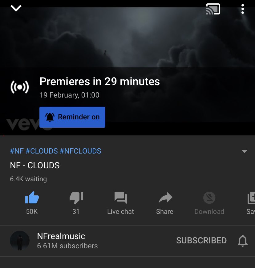 30 minutes before premiere and the video has already hit 50k likes! ☁️ 

<a href="/nfrealmusic/">NF</a> <a href="/tommeeprofitt/">Tommee Profitt</a>