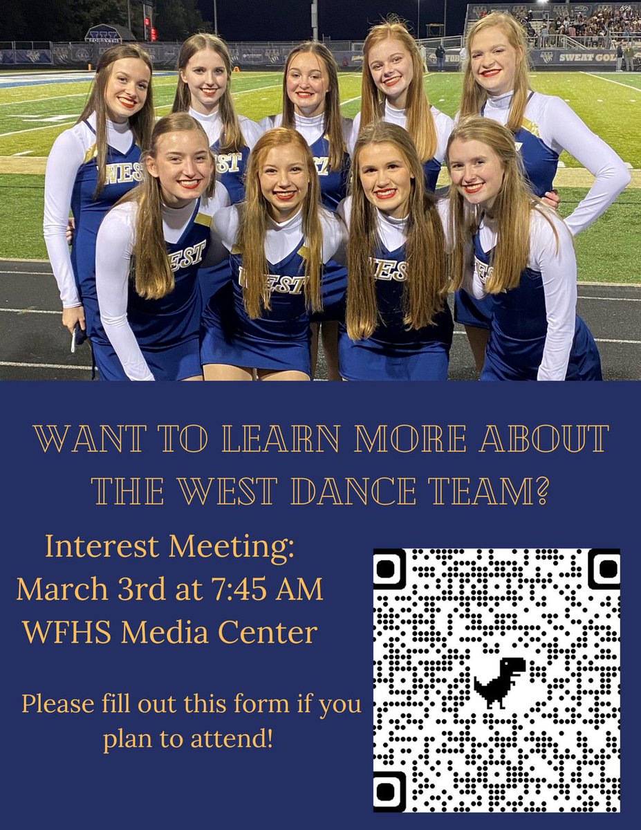WestForsythHigh's tweet photo. Never miss a chance to dance! All rising freshmen, sophomores, juniors, & seniors are invited to attend an interest/parent meeting for our West Dance Team! Make sure to sign up using the QR code or this link https://t.co/x8iw4xvJVV
#IamWestForsythWeareFamily #WestDance https://t.co/ve3BBuqkNa