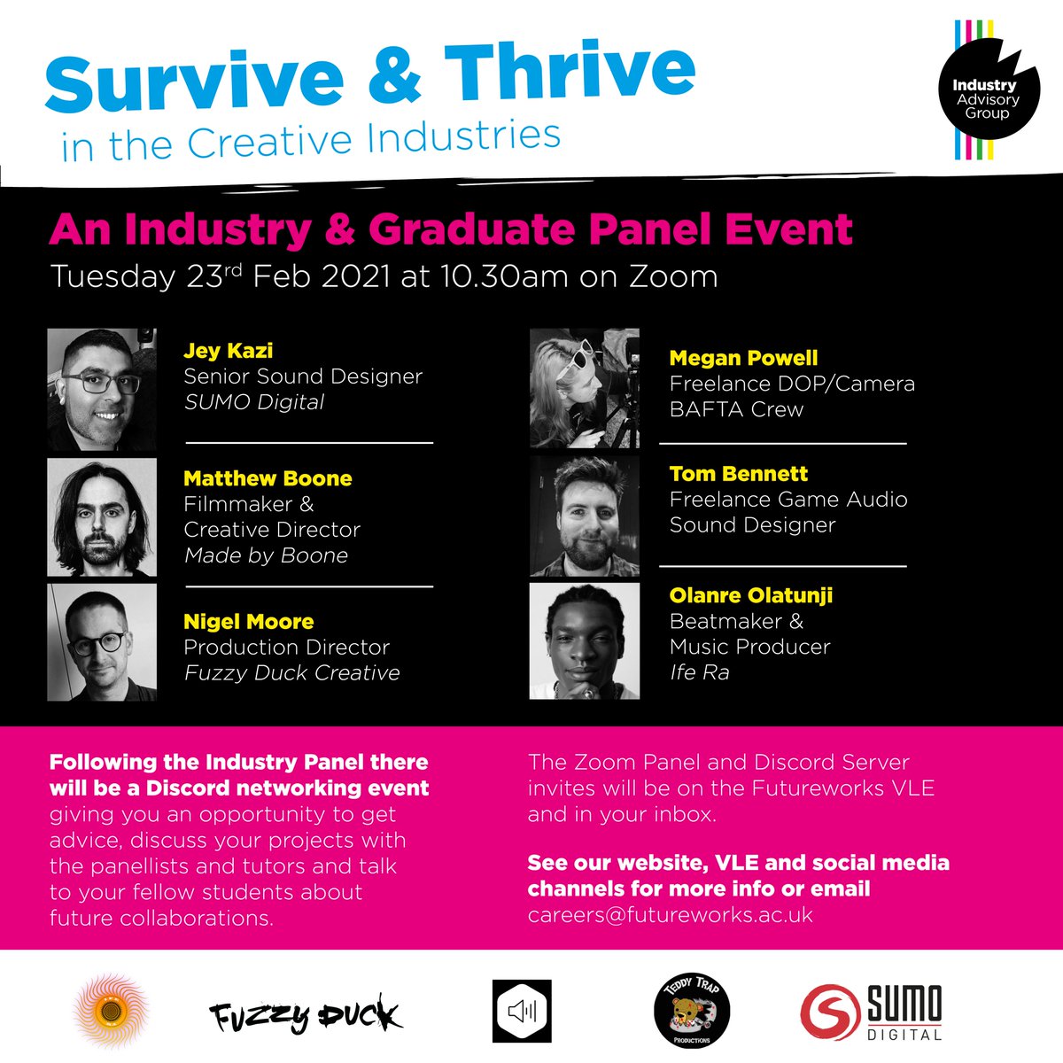 A fantastic panel &amp; networking event on Tuesday 23rd Feb <a href="/Futureworks_Mcr/">Futureworks</a> for our students featuring <a href="/fuzzyduckcreate/">Fuzzy Duck</a> <a href="/MadeByBoone/">Matthew Boone</a> @JeyKaziAudio,🎮<a href="/TomBennettAudio/">Tom Bennett 🎮🔊</a>🔊<a href="/TeddyTrapMedia/">Megan Powell</a> and <a href="/ifera/">Fernanda</a>   <a href="/VFX_Futureworks/">Futureworks VFX</a> @futureworkmusic DM for details