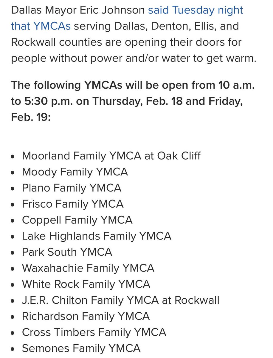 Some YMCAs that will be providing coffee, WIFI, charging stations & water stations for anyone who needs it: