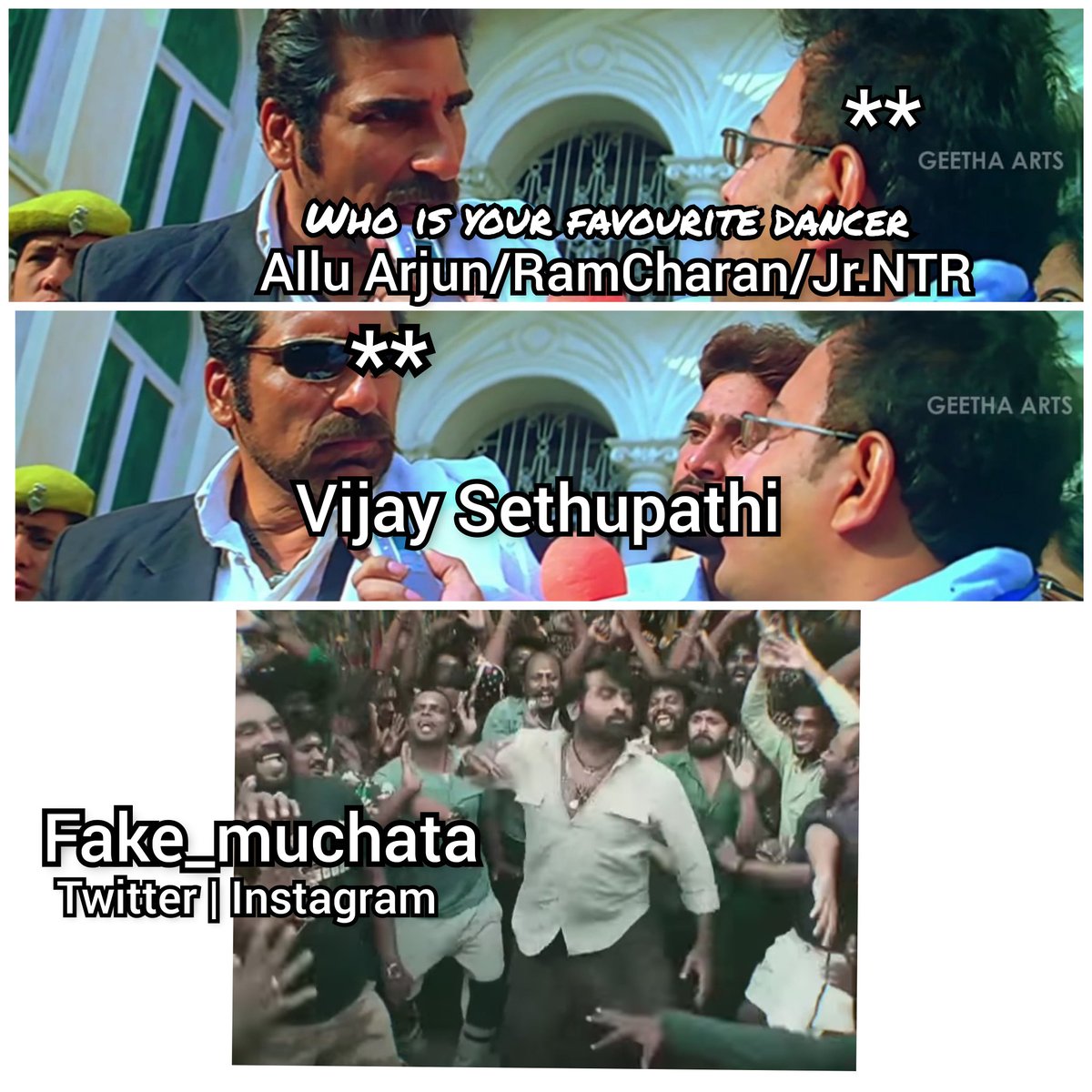 Fake_muchata's tweet photo. Vijay sethupathi sir 😍
Ye song pettina set aithundhi..🥰 https://t.co/hHJhEgsWrE