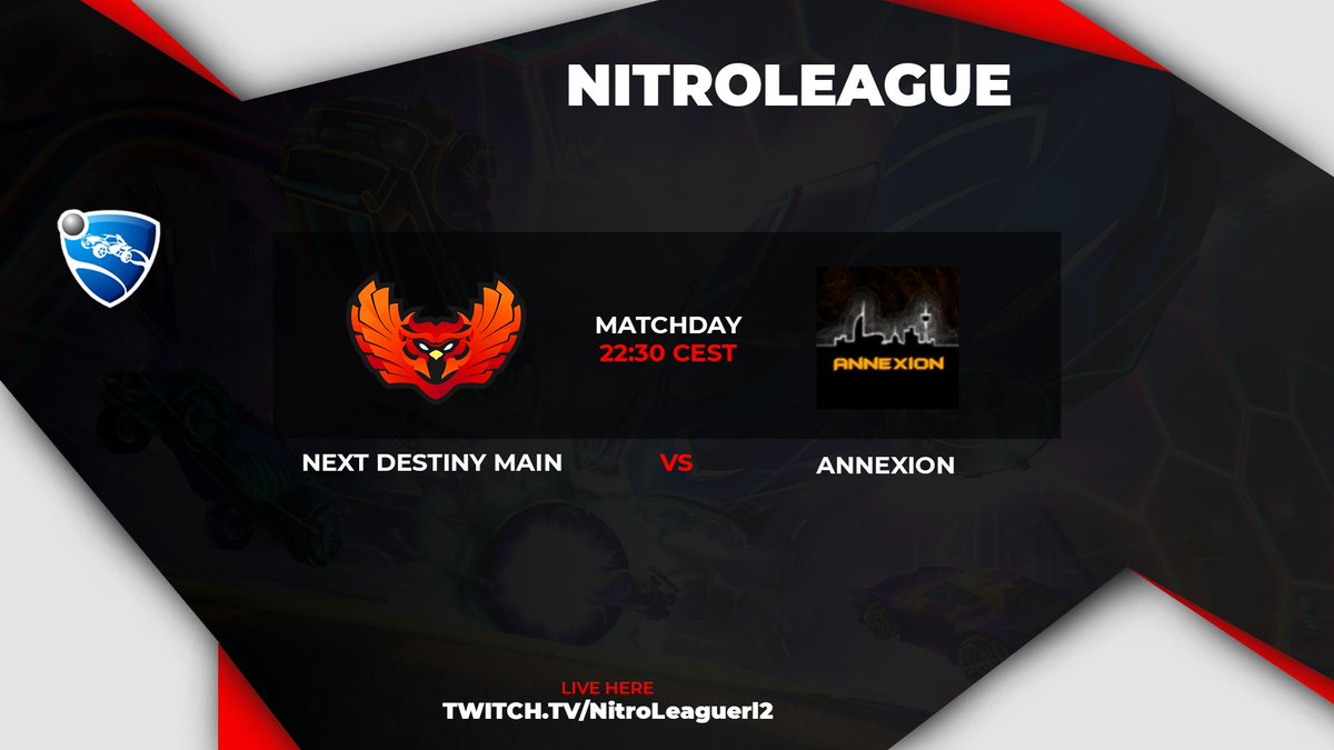 🔴 Heute spielt unser Rocket League Main Team in der NitroLeague gegen das Team Annexion. 🔴 

⏰ Beginn: 22:30 Uhr
🎥 zum Stream: twitch.tv/nitroleaguerl2

Wir wünschen beiden Teams Viel Glück! 🍀💪
____________________________

#nitroleague #TwitchDE #Livestream #EVENT #Esports