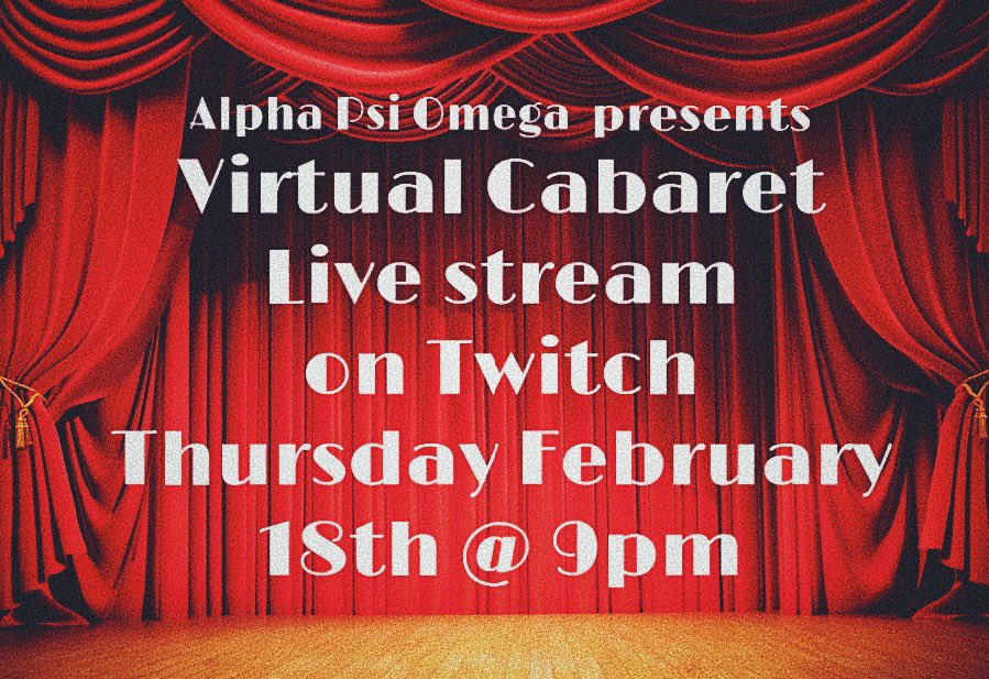 EKU_APO's tweet photo. Tonight is virtual cabaret! Grab some popcorn and get comfy to watch our amazing performances this evening. https://t.co/FB4umHRZav